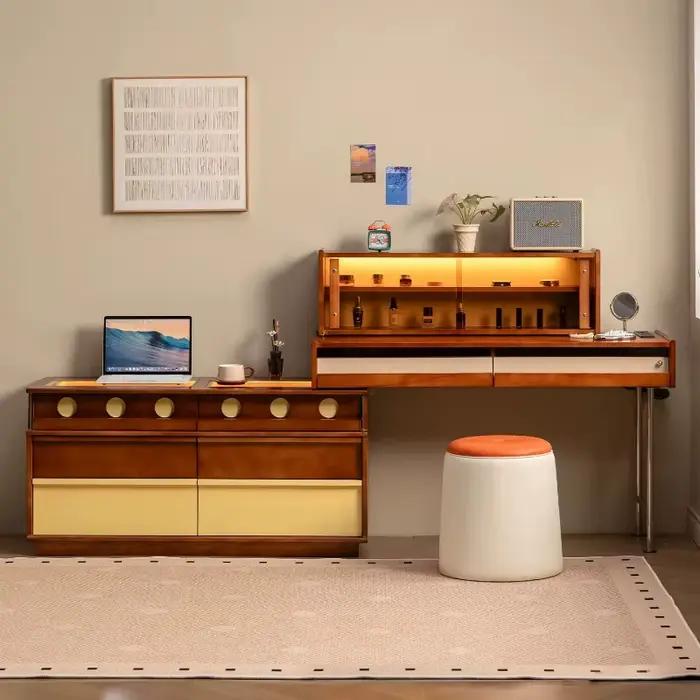 Coiffeuse de chambre de style farmhouse en bois avec tiroirs de rangement dissimulés, gain de place, meuble de beauté pour la maison