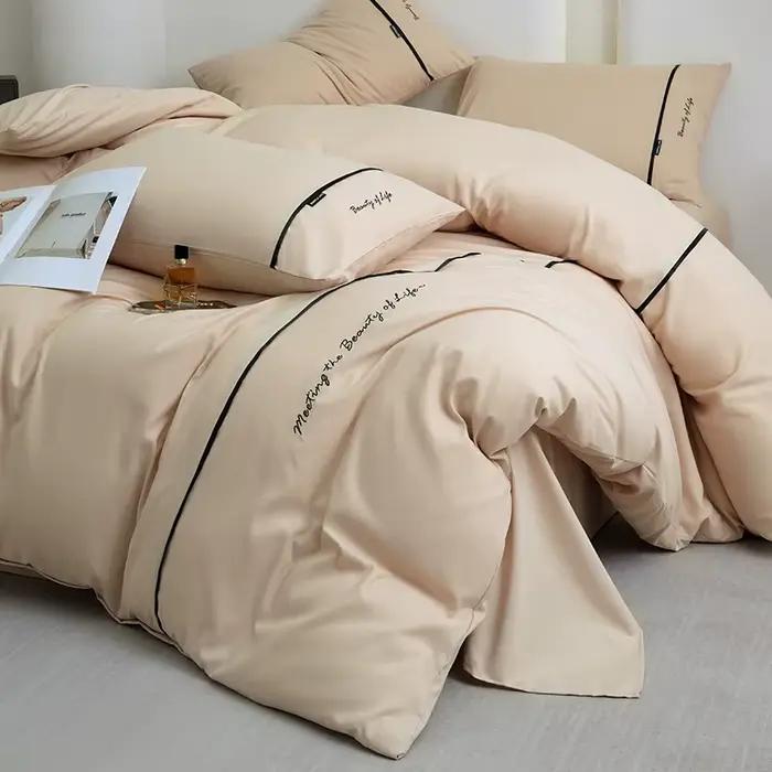 Nouvel ensemble de draps et de draps-housses 4 pièces en coton lavé doux pour la peau, couleur unie,