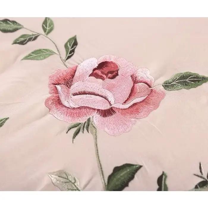 WASART Rose flore broderie design drap plat couleur unie coton sergé lin literie luxe maison textiles reine roi taille