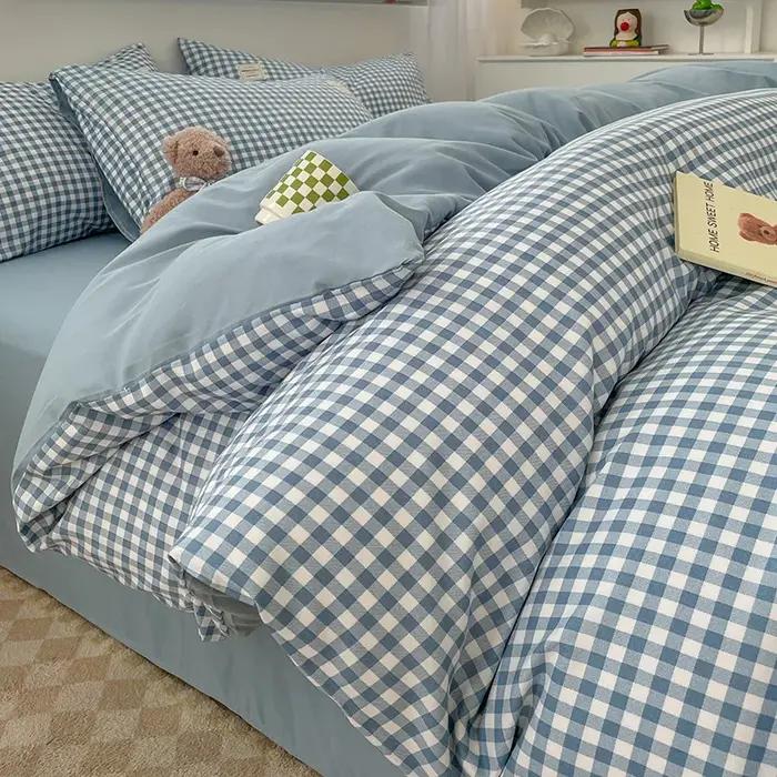 Housse de couette ensemble de lit lin pur coton quatre pièces ensemble Simple damier lavé coton drap