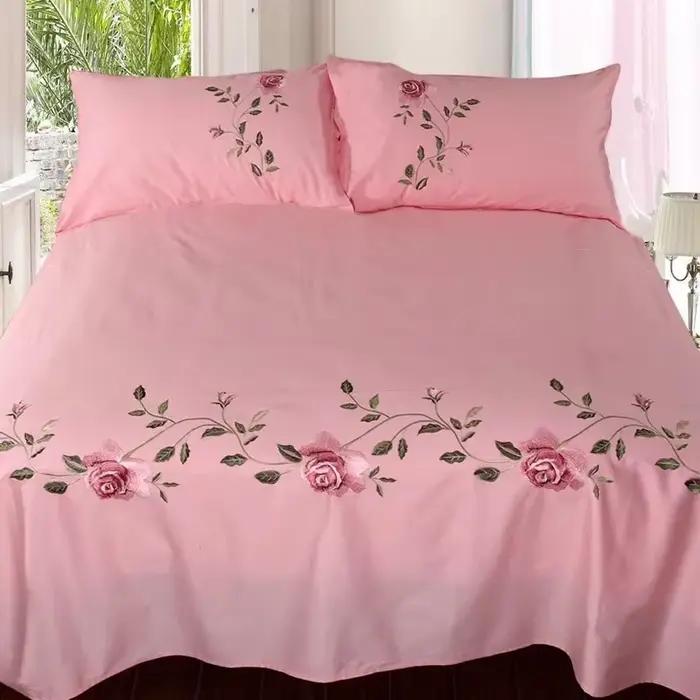 WASART Rose flore broderie design drap plat couleur unie coton sergé lin literie luxe maison textiles reine roi taille