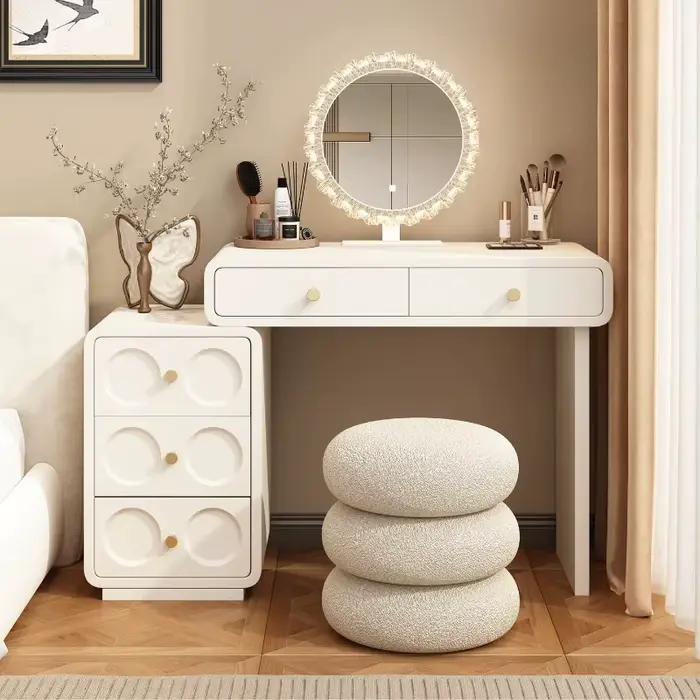 Coiffeuse de chambre blanche style ferme avec étagères de chevet et rangement pour maquillage et café, en liquidation, mobilier de maison