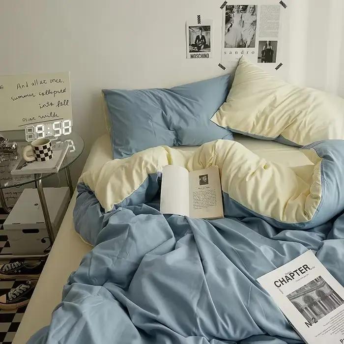 Parure de lit 4 pièces en coton double lavage couleur unie de haute qualité pour dortoir étudiant