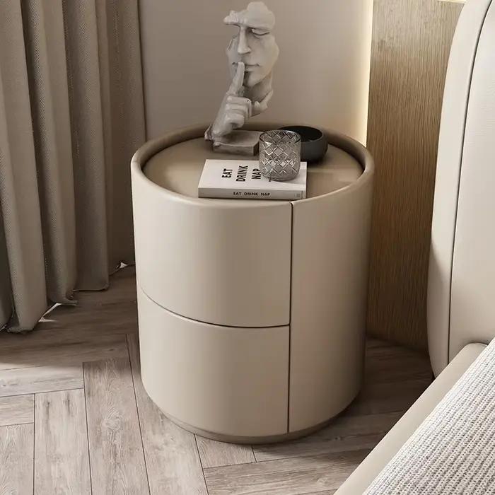 Table de chevet ronde en cuir, armoire à placer près du canapé du salon, table de chevet ronde créative en bois massif, meuble de rangement pour chambre à coucher