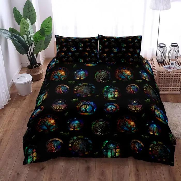 Celestial Yggdrasil-Ensemble de housse de lit en lin pour adultes et adultes, Celtic athlon, King, Q