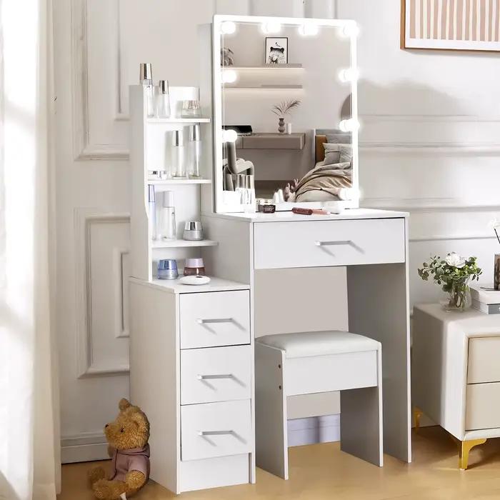 Table de coiffeuse LED avec miroir coulissant, bureau de maquillage blanc, tabouret à 4 tiroirs, coi