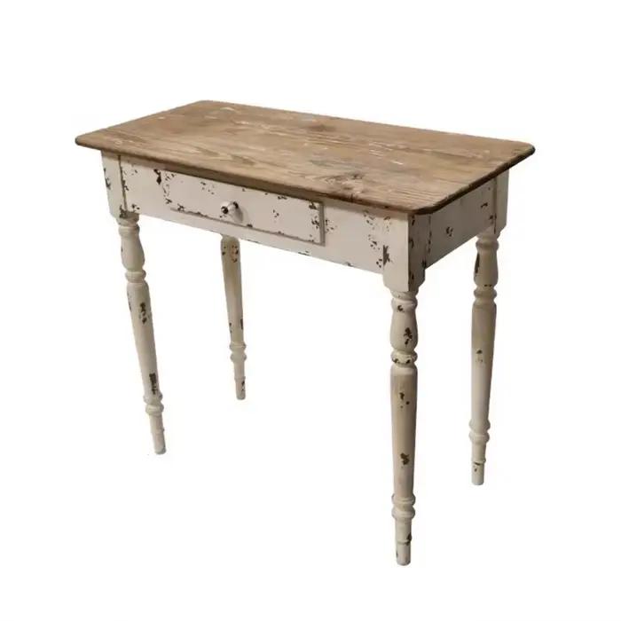 Table console rustique, blanc vieilli avec plateau en bois naturel, 88 L x 41,5 L x 80 H cm