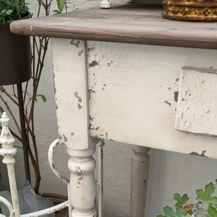 Table console rustique, blanc vieilli avec plateau en bois naturel, 88 L x 41,5 L x 80 H cm