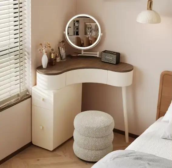 Coiffeuse d'angle 70 cm avec miroir et tabouret en bois, confortable et luxueuse, pour chambre à cou