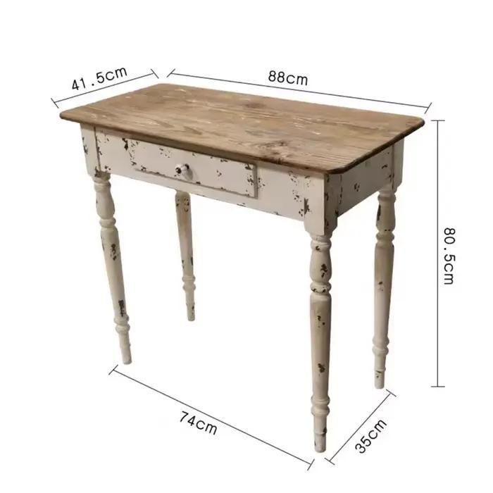 Table console rustique, blanc vieilli avec plateau en bois naturel, 88 L x 41,5 L x 80 H cm