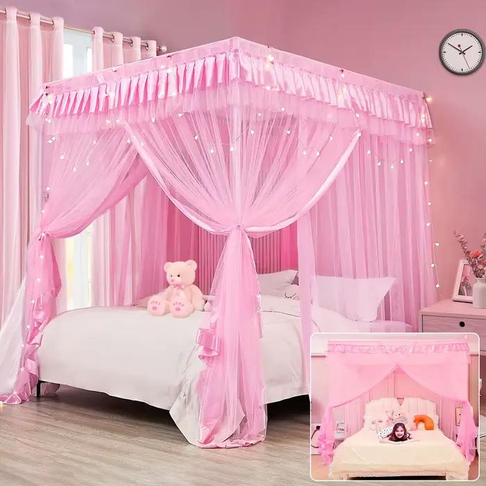 Lit à baldaquin pour filles, rideaux de lit princesse rose, rideaux de lit pour filles, cadeau d'ann
