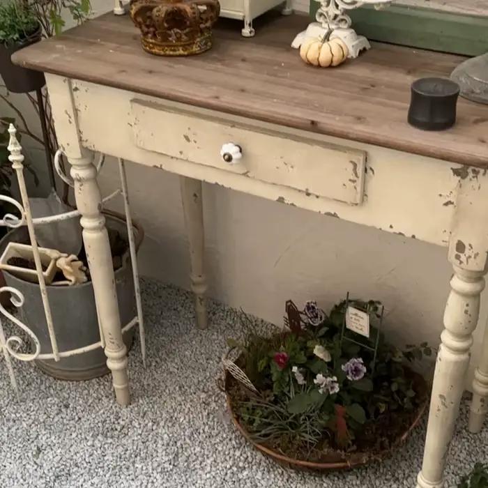 Table console rustique, blanc vieilli avec plateau en bois naturel, 88 L x 41,5 L x 80 H cm