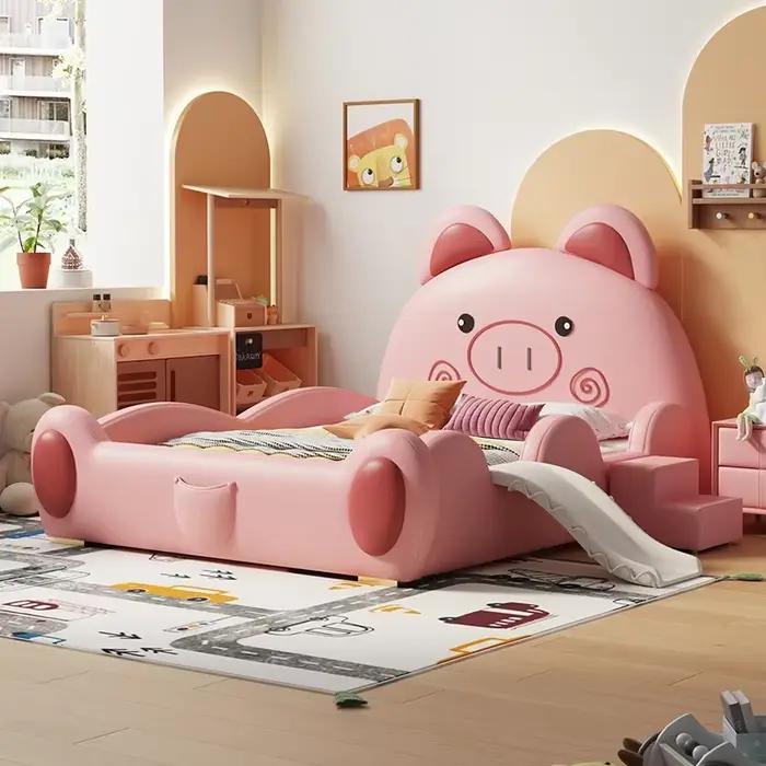 135x200 cm luxe concepteur dessin animé enfants lit mignon chambre moderne cadre de lit en bois lit simple King Size clôture toboggan Cama meubles