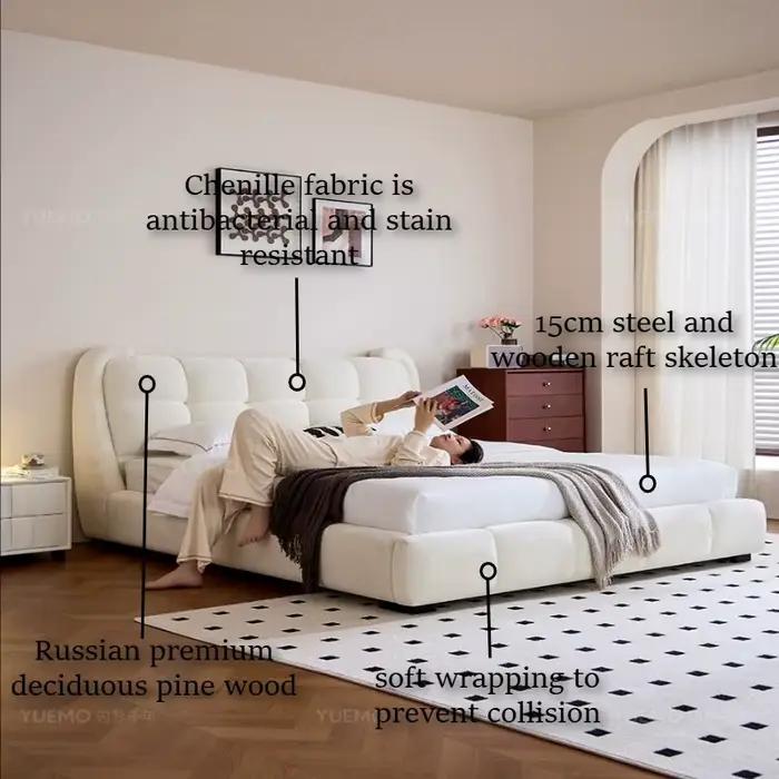 Lit double en tissu chenille avec tête de lit à dossier souple
