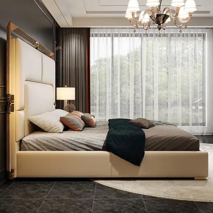 Lit en cuir de luxe léger chambre principale moderne Simple 1.5M / 1.8M lit Double haut de gamme Villa Napa couche de