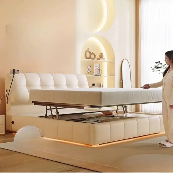 Lit De rangement Double multifonction moderne en cuir lit De luxe blanc minimaliste Camas De Matrimonio dortoir meubles De maison