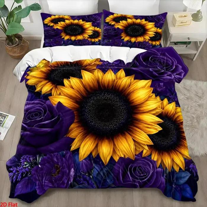 Ensemble de housse de couette imprimée tournesol violet 3 pièces