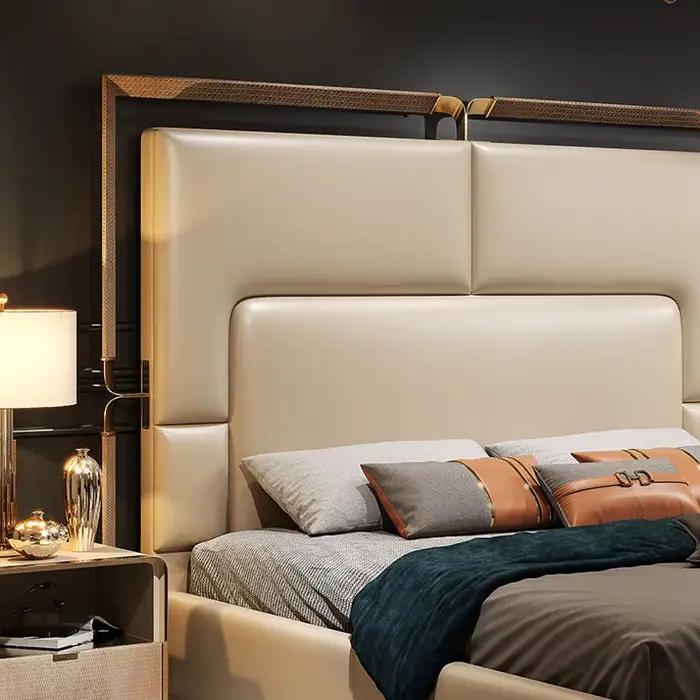 Lit en cuir de luxe léger chambre principale moderne Simple 1.5M / 1.8M lit Double haut de gamme Villa Napa couche de