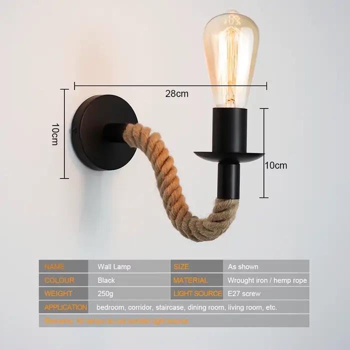 Applique murale industrielle Vintage E27, lampe suspendue en corde de chanvre pour chambre à coucher, chevet, salle à manger, éclairage intérieur, décor