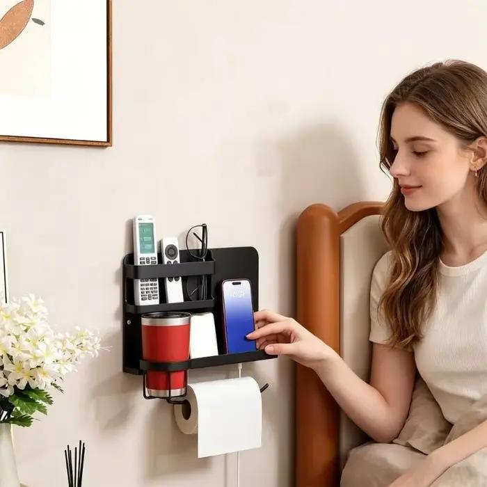 Étagère rangement lit multifonctionnelle avec support pour tasses espace télécommande pour livres lunettes KXRE