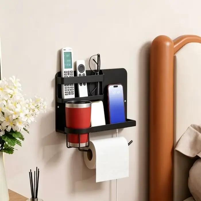 Étagère rangement lit multifonctionnelle avec support pour tasses espace télécommande pour livres lunettes KXRE