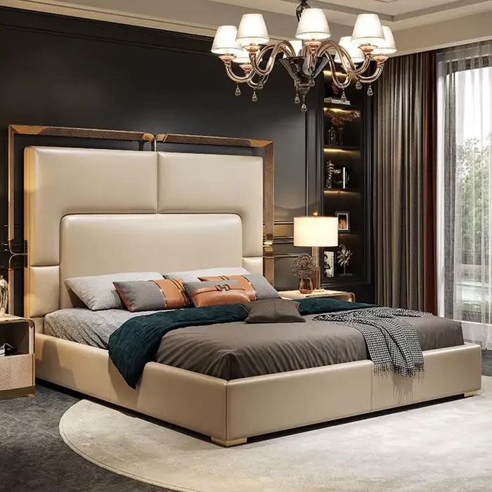 Lit en cuir de luxe léger chambre principale moderne Simple 1.5M / 1.8M lit Double haut de gamme Villa Napa couche de