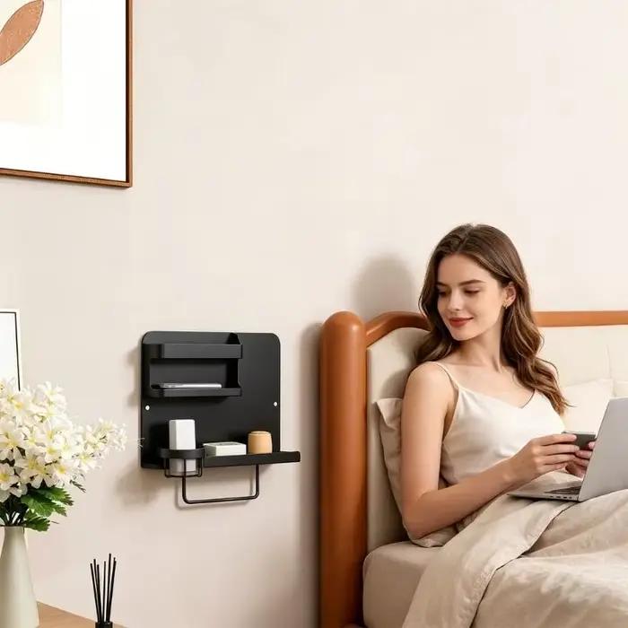 Étagère rangement lit multifonctionnelle avec support pour tasses espace télécommande pour livres lunettes KXRE