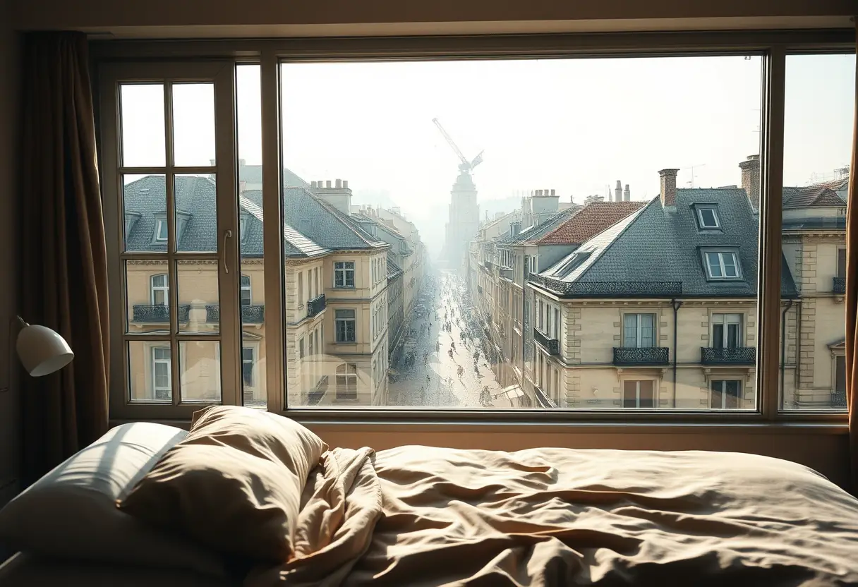 Vue depuis un lit mezzanine sur un paysage urbain historique à travers une grande fenêtre au petit matin